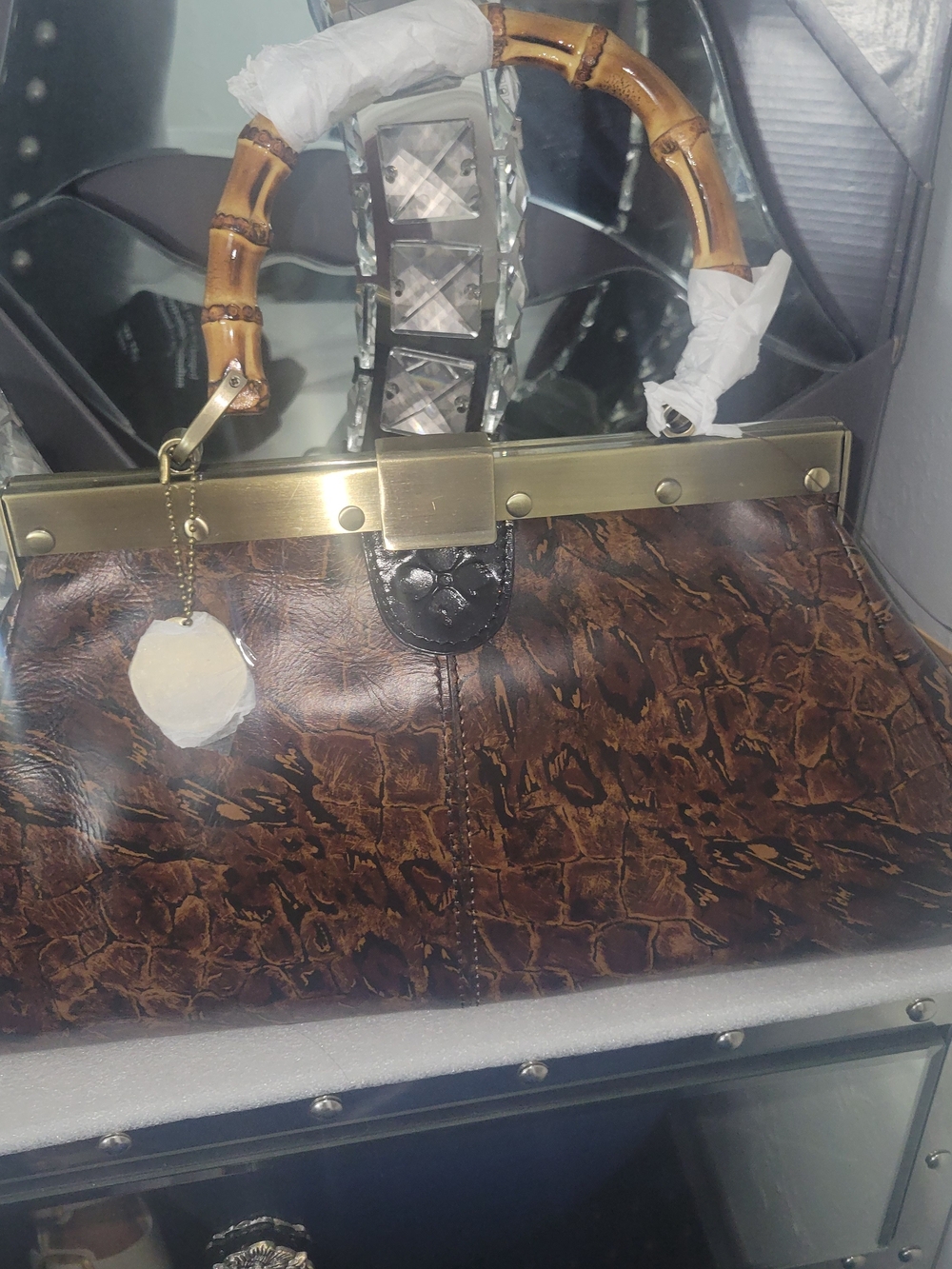 Patricia Nash Brown Croc-Embossed Satchel with Bamboo Handle